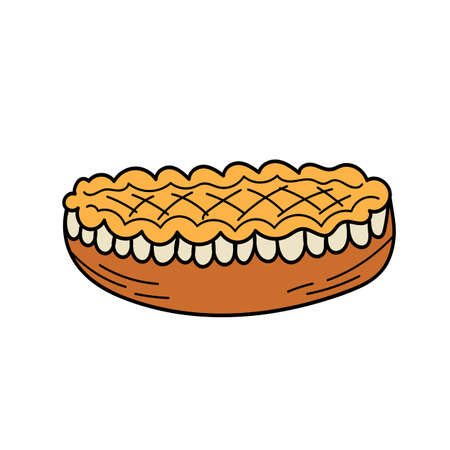 Hand drawn doodle Thanksgiving icon - traditional lattice upper crust apple pie isolated on white background. Vector illustrationのイラスト素材