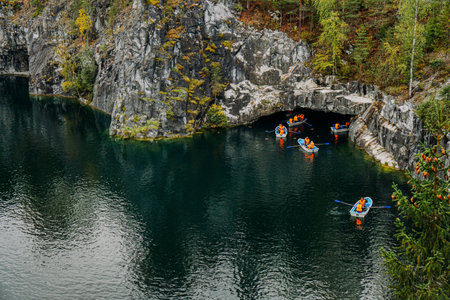 Abandoned marble canyon in the mountain park of Ruskeala, Karelia, Russia. Awesome autumn landscape.