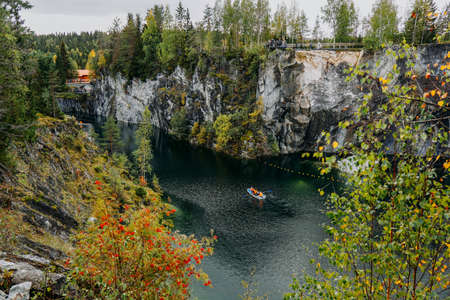 Abandoned marble canyon in the mountain park of Ruskeala, Karelia, Russia. Awesome autumn landscape.の写真素材