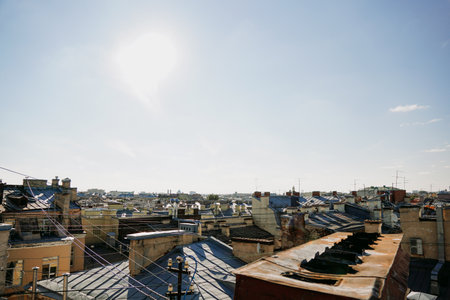 Cityscape view over the rooftops of St. Petersburg. View of the rooftops against the skyの写真素材