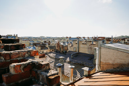 Cityscape view over the rooftops of St. Petersburg. View of the rooftops against the skyの写真素材