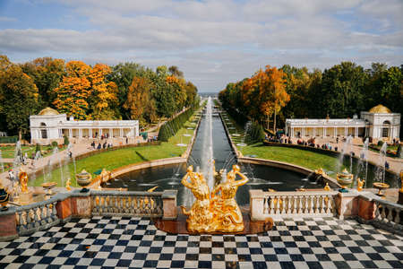 Lower park with canal and golden statues of the Peterhof. Russia, St.Petersburg, Petrodvorets. September 20, 2021のeditorial素材