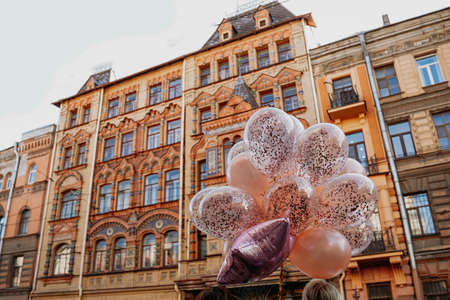 Old brick house neorus istorism style and balloons at Kolokolnaya st. 11, St-Petersburg, Russia. 19 September 2021のeditorial素材