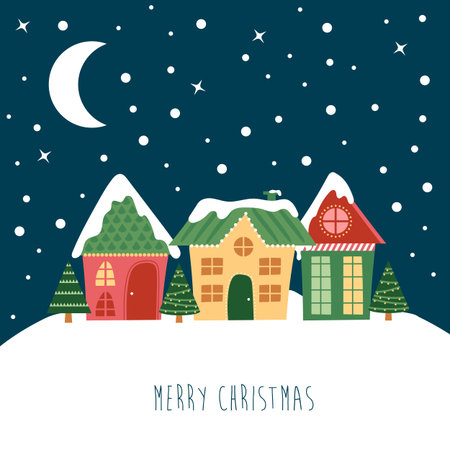 Christmas night landscape. In the sky the moon and the stars, the house and Christmas tree with lights. Flat vector illustration for postcardのイラスト素材