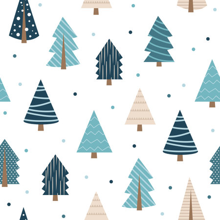 Vector blue christmas tree with snowflakes repeated on white background - seamless patternのイラスト素材