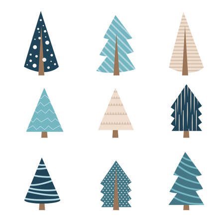 Cute blue christmas tree of different shape set. Collection of xmas tree for greeting card decoration or logo design. Isolated flat vectorのイラスト素材