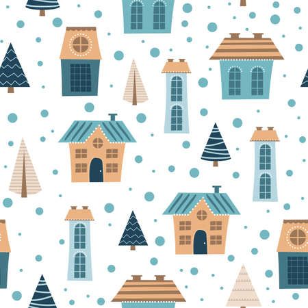 Seamless winter city pattern. Cartoon colored houses of different sizes - endless design for packaging or fabricのイラスト素材