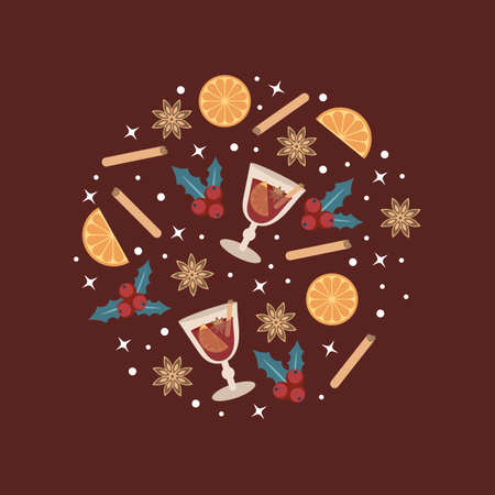 Hot mulled wine in a glass and elements and spices for a drink on a burgundy background in the shape of a circleのイラスト素材