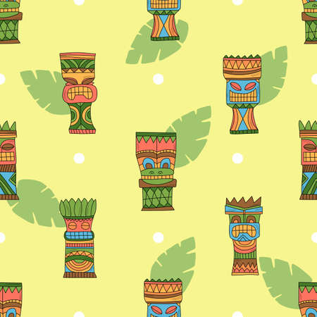 Tiki hawaiian mask - summer vector illustration - with tropical palm leaves - seamless patternのイラスト素材