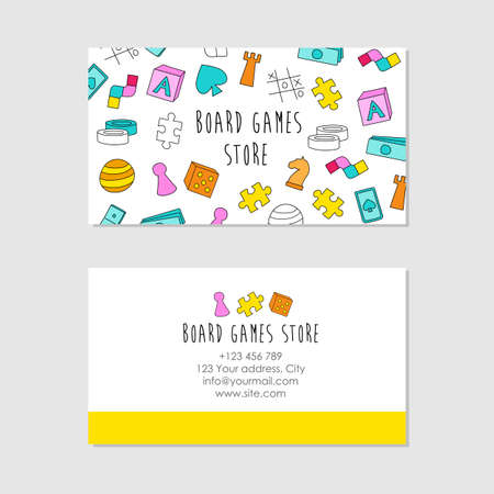 Visit card with board game elements. Doodle sketch style. Illustration for board game shop, store, game competition - business card design template.のイラスト素材