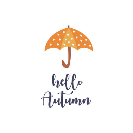 Autumn postcard with the inscription hello autumn and the image of a umbrella. Cartoon doodle styleのイラスト素材