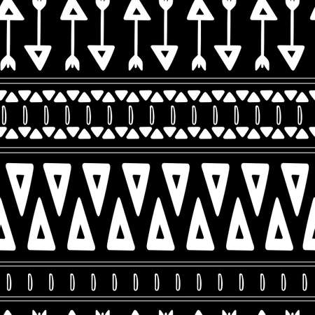 Vector folk seamless aztec ornament, ethnic pattern. Black and white tribal doodle. Abstract geometric print. Wallpaper, textile. Hand drawn.のイラスト素材