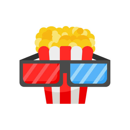 Popcorn and 3d glasses. Drawn vector illustration, flat art icon for online cinema, movie, film, theaterのイラスト素材