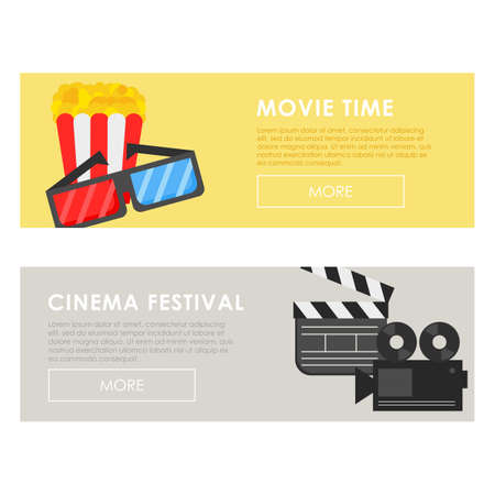 Cinema concept and festival poster template with popcorn and cinema equipment - vector illustration - set of two bannersのイラスト素材