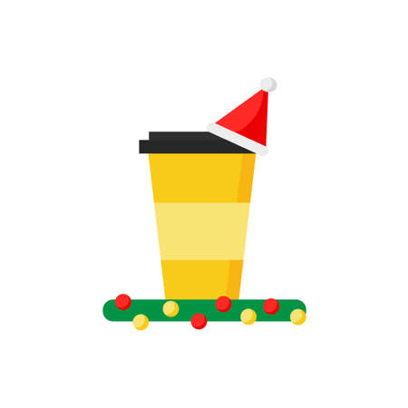 Coffee or tea cup decorated with red christmas santa hat. Vector flat design cartoon style illustration. Design element for x-mas card, banner, web.のイラスト素材