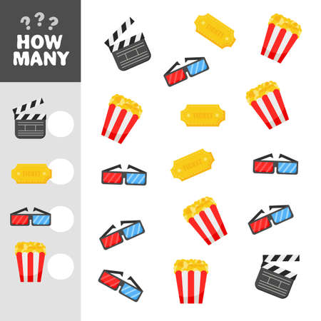 Educational math game for preschool children. How many objects task. Counting game for kids. Cinema iconsのイラスト素材