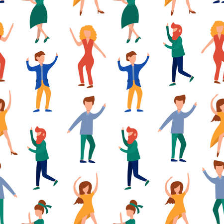Hand drawn vector abstract cartoon modern seamless pattern with dancing people isolated on white backgroundのイラスト素材
