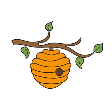Simple cartoon icon. Beehive hanging from a branch on white backgroundのイラスト素材