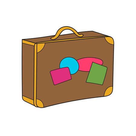Simple cartoon icon. Cartoon suitcase with travel stickers, vector illustration isolated on white.のイラスト素材