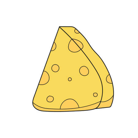 Simple cartoon icon. Cartoon cheese. Triangle piece. Yellow swiss cheese with holes in simple, cute hand drawn style. Isolated vector collection.のイラスト素材