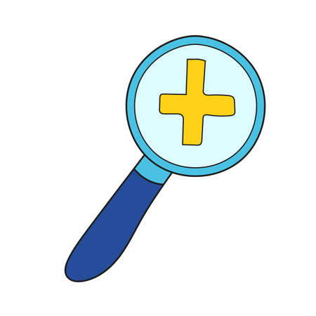 Simple cartoon icon. Magnifying glass with plus sign - vector image. Vector hand drawn illustration on whiteのイラスト素材