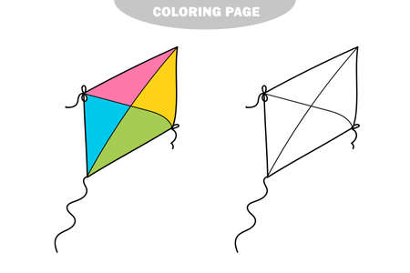 Simple coloring page. Cartoon kite toy. Coloring page for kids on white. Color and black and white versionのイラスト素材
