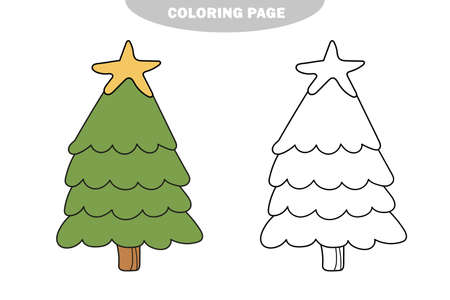 Simple coloring page. New Year Tree to be colored, the coloring book for preschool kids with easy gaming level. Color and black and white versionのイラスト素材