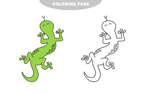 Simple coloring page. Lizard for kids in doodle style. Vector sketch on white background. Color and black and white versionのイラスト素材