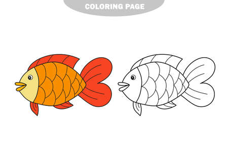 Simple coloring page. Drawing worksheet for preschool kids with easy gaming level - Fish. Color and black and white versionのイラスト素材