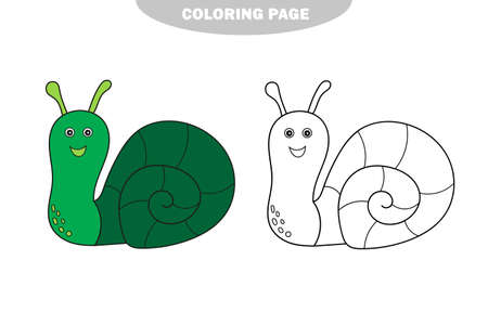 Simple coloring page. Little cute snail, contour on white. Color and black and white versionのイラスト素材