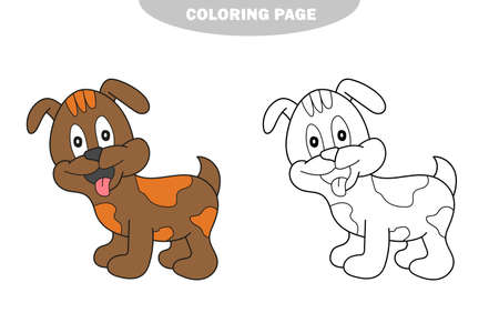 Simple coloring page. Cartoon puppy, vector illustration of cute dog, coloring book for children. Color and black and white versionのイラスト素材