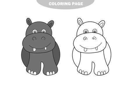 Simple coloring page. Coloring book for kids with funny hippopotamus. Color and black and white versionのイラスト素材