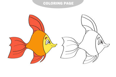 Simple coloring page. Drawing worksheet for preschool kids with easy gaming level - Fish. Color and black and white versionのイラスト素材