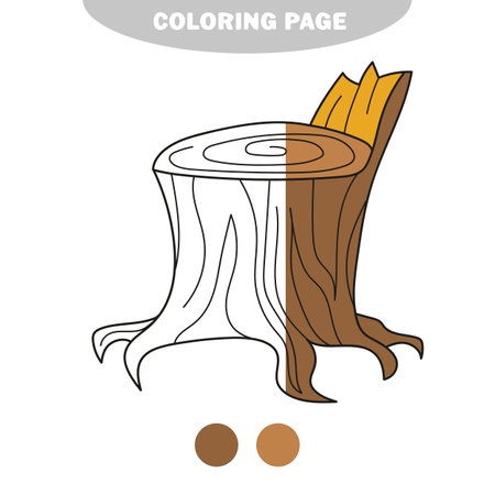 Simple coloring page. Coloring Book or Page Cartoon Illustration of Funny Stump for Children. Half painted picture with color samplesのイラスト素材