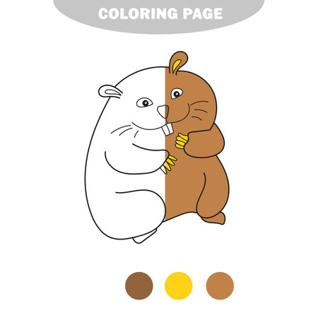Simple coloring page. Coloring book for children, Hamster on white. Half painted picture with color samplesのイラスト素材