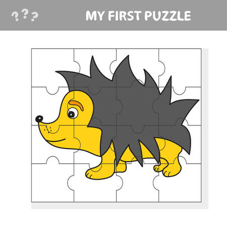 Cartoon Vector Illustration of Education Jigsaw Puzzle Game for Preschool Children with Funny Hedgehog Animal. My first puzzleのイラスト素材