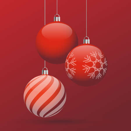 Red Christmas card with Christmas balls. Banner design. Merry christmas and happy new yearのイラスト素材