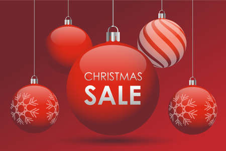 Red Christmas Ball with Text Christmas Sale. Vector advertising banner for website, postersのイラスト素材