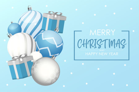 Gift box with white and blue christmas balls. Vector New year banner in soft blue colorsのイラスト素材