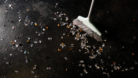 Cleaning broom and golden confetti on a black background. The concept of cleaning after the holiday, cleaning, professional cleaning. Top view.の写真素材