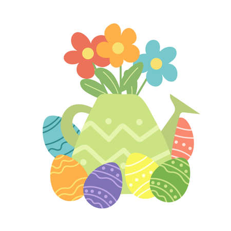 Flower bouquet in the watering can and Easter eggs. Cute springtime hand drawn cartoon style vector illustration on white background.のイラスト素材