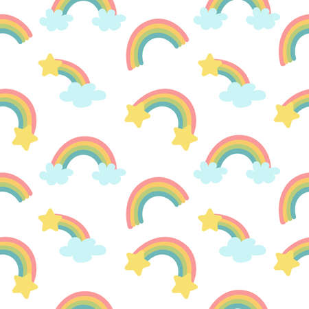 Pastel rainbow and stars seamless pattern on white background. Pattern for kidsのイラスト素材