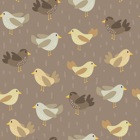 Seamless pattern with cute birds in a hand-drawn style. Beige, brown birds. Background for the children room, fabric, clothing, packaging paperのイラスト素材