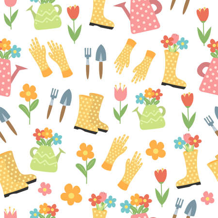 Seamless pattern with flowers, rubber boots, tools. Gardening design on whiteのイラスト素材