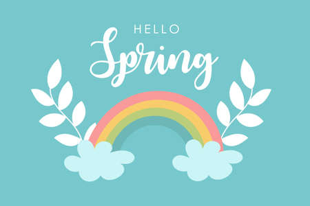 Hello spring card design. Rainbow on blue sky. Bright hand drawn greeting card. Vector illustration.のイラスト素材