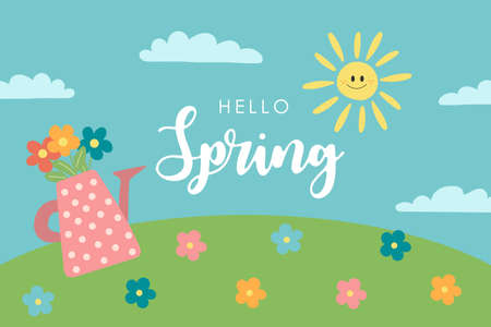 Hello spring card with watering can and flowers, sun and clouds. Spring nature vector illustrationのイラスト素材
