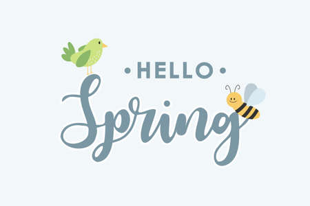 Hello spring handwriting design. Card with green bird and bee. Vector template on grey background.のイラスト素材
