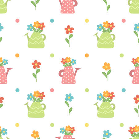 Spring seamless pattern. Garden watering cans with flowers. Colored pdttern for Easter. Childish print for nursery. For posters, cards, clothesのイラスト素材