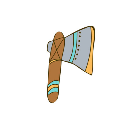 Small native american tomahawk. Simple cartoon image in hand drawn style. Icon on white backgroundのイラスト素材