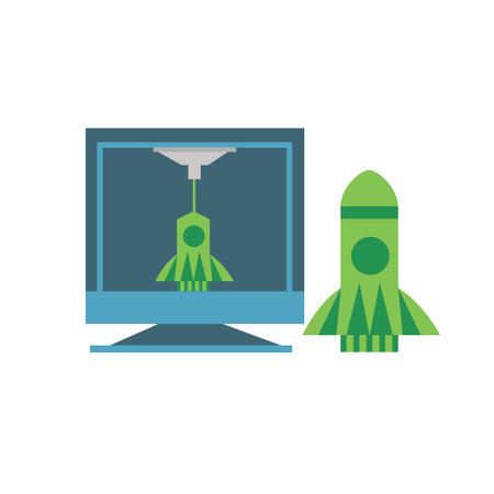 3D Printer making rocket model in cartoon flat style isolated on white background. Simple vector...
